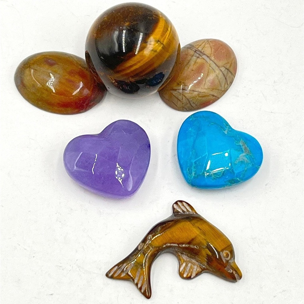 VTG Tiger's Eye Dolphin & Sphere, Jasper Cabs, Heart Stones, Unset Gem Lot 6pc